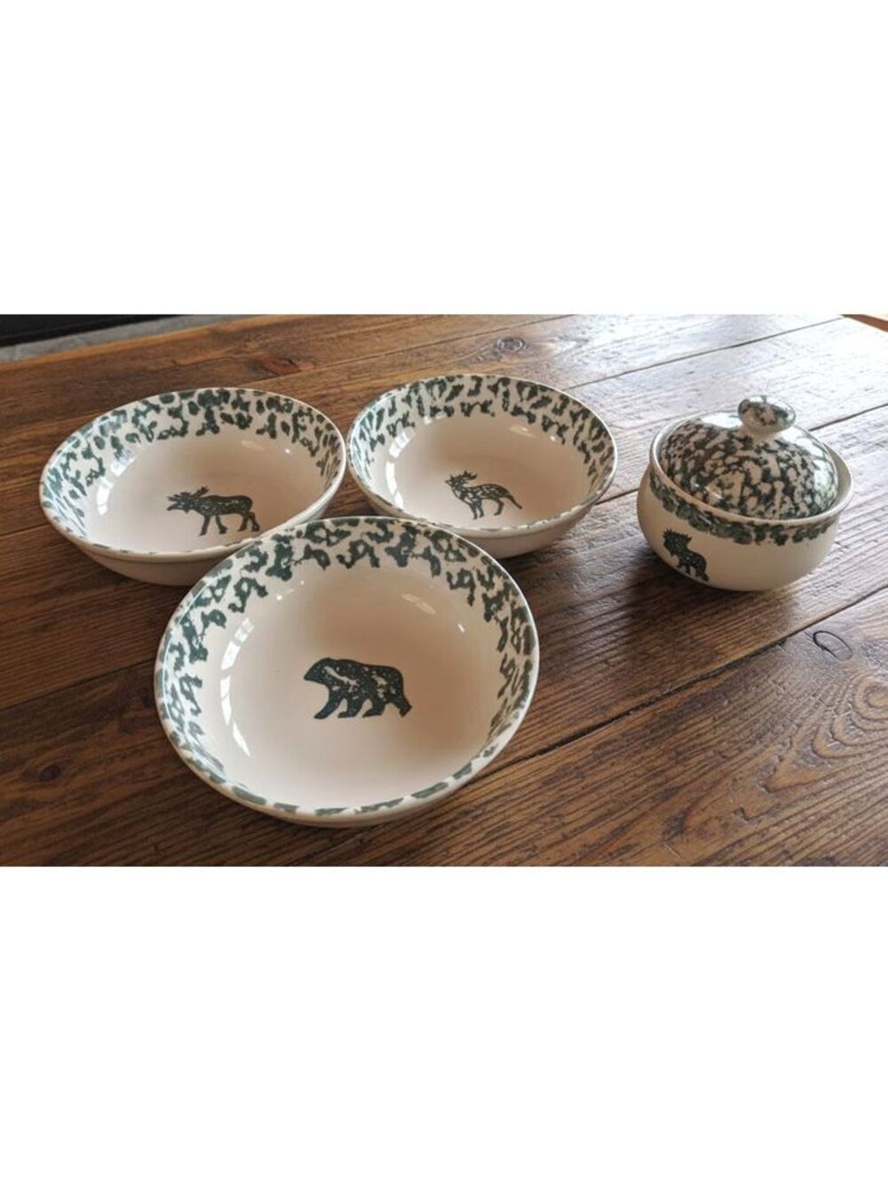 Vtg 4 Pc Tienshan Folk Craft Moose/Bear/Deer Country Set 3-Bowls, 1-Sugar Bowl